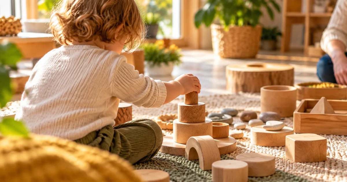 Un jeune enfant explore et empile librement des objets en bois dans un espace de jeu adapté.