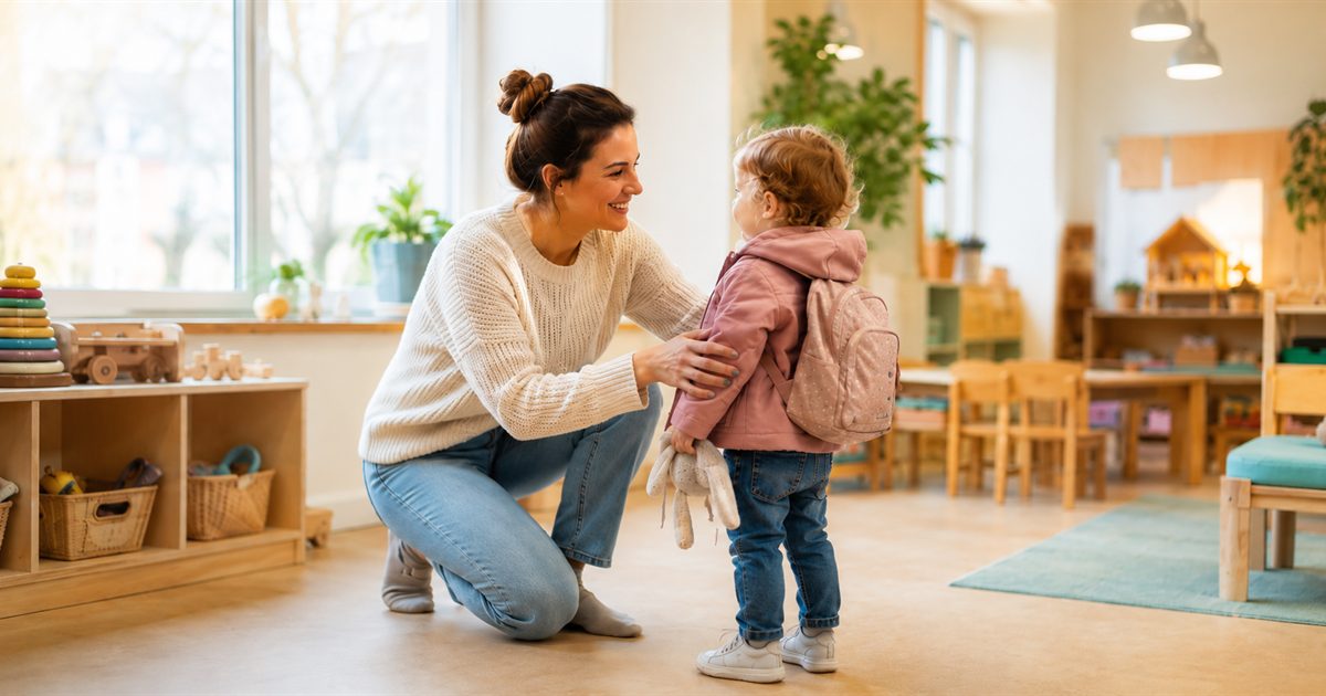 Educadora acolhe uma crianca com mochila e doudou na creche